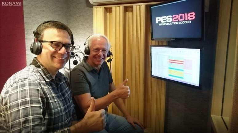 Mauro Beting ao lado de Milton Leite na gravação de PES 2018 (Foto: Divulgação / Konami)