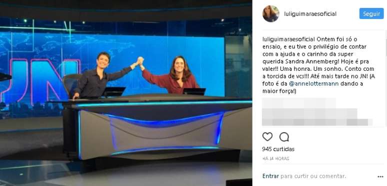 Ana Luiza durante ensaio com Sandra Annenberg: “uma honra” apresentar o ‘JN’