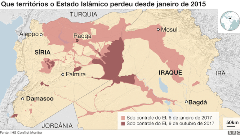 Áreas dominadas pelo Estado Islâmico foram retomadas por forças sírias e iraquianas entre 2015 e 2017
