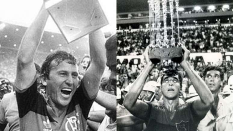 Zico com a taça da Copa União de 1987 / Sport com a taça do Brasileiro de 1987