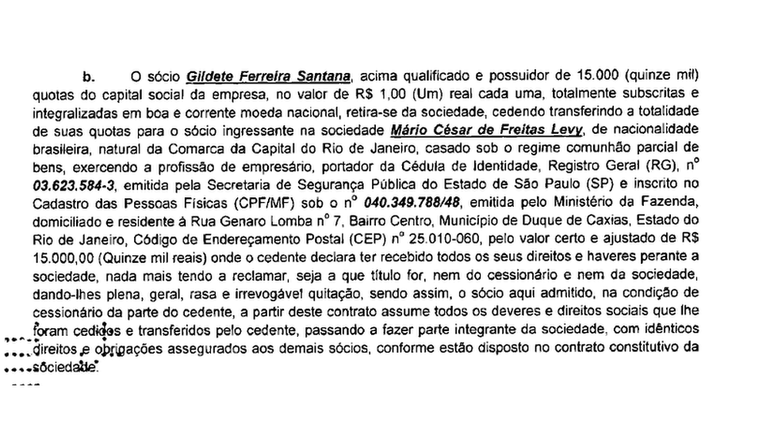 Documento que mostra inclusão de Mário de Freitas Levy como sócio de empresa