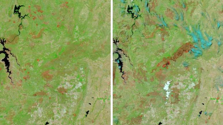 Imagens captadas por satélite da Nasa mostram antes e depois dos incêndios na Chapada dos Veadeiros | Foto: Nasa 