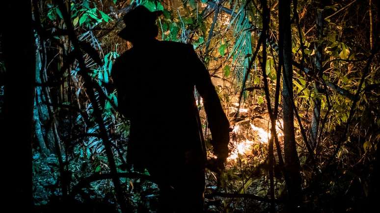 Homem avança em mata em chamas