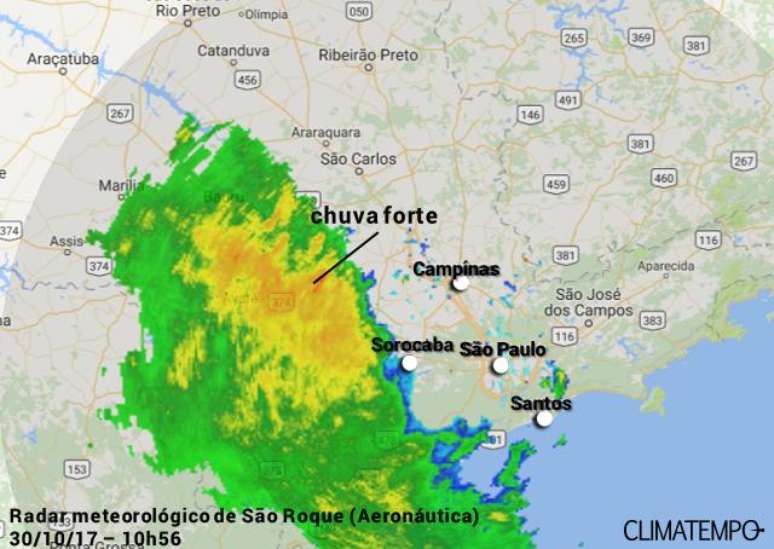 Chuva forte avançando do sul de SP para a Grande SP em 30/10/17