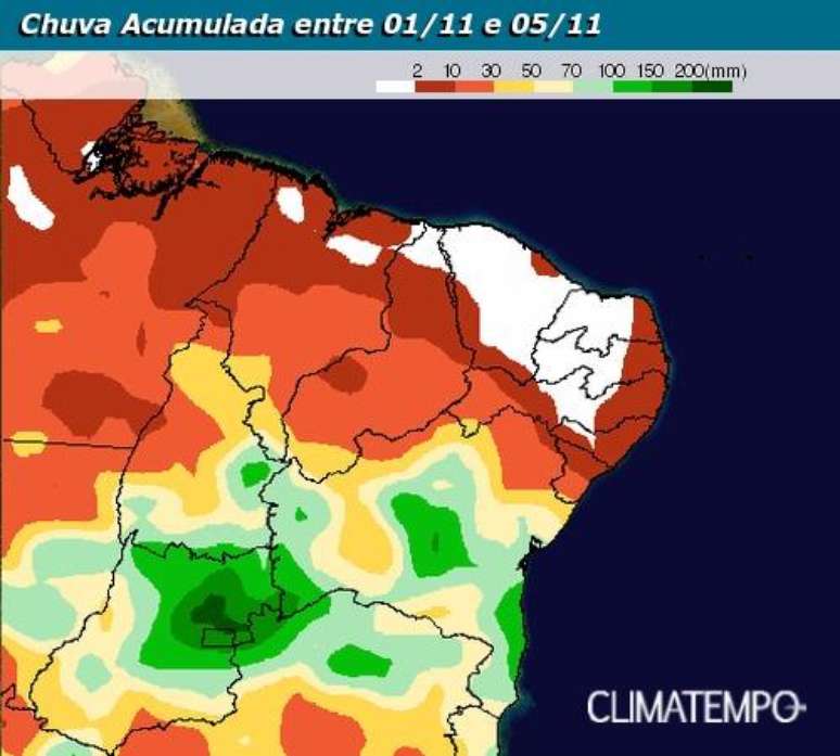 Estimativa de chuva para o Nordeste de 1 a 5 de novembro de 2017