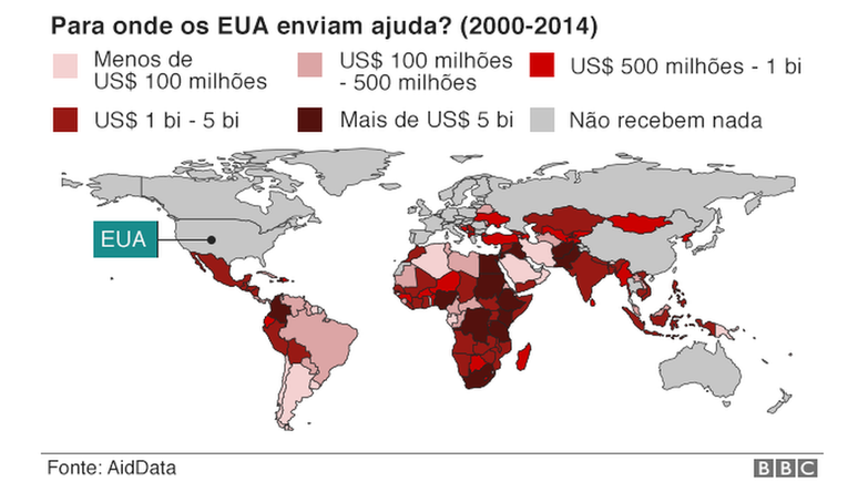 Mapa mostra para onde os EUA enviam ajuda