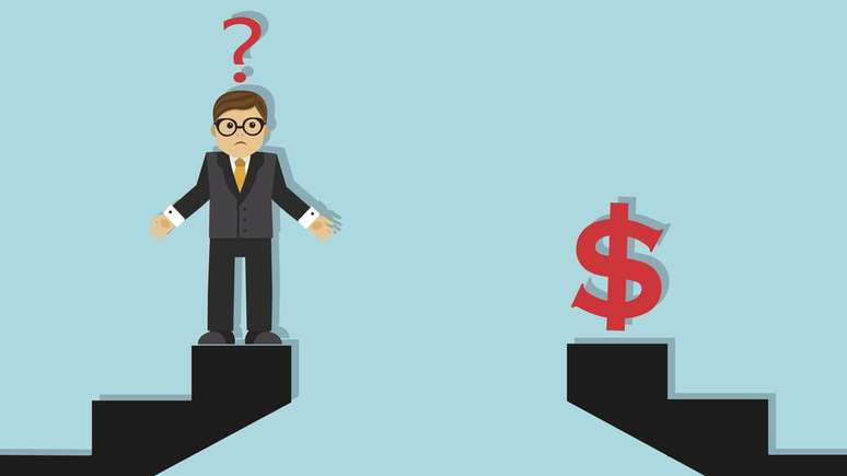 Desenho de um homem em uma escada ao lado de um cifr&atilde;o