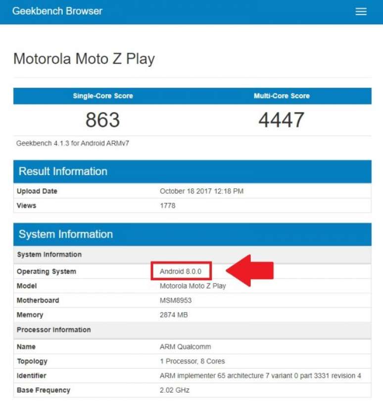 Resultado de teste de benchmark mostra Moto Z Play com o Android Oreo 8.0