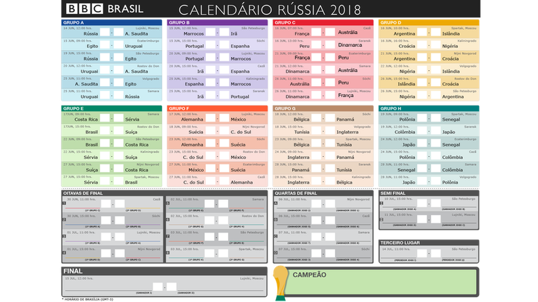 Tabela dos jogos da Copa 2018