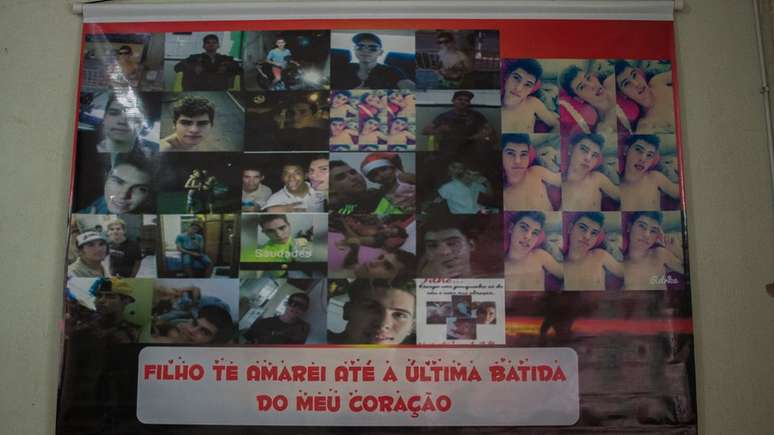 Homenagem que Patrícia Gusmão fez ao filho Maik Joilson, assassinado durante uma festa em 2016 (Foto: Emanoele Daiane/BBC Brasil)