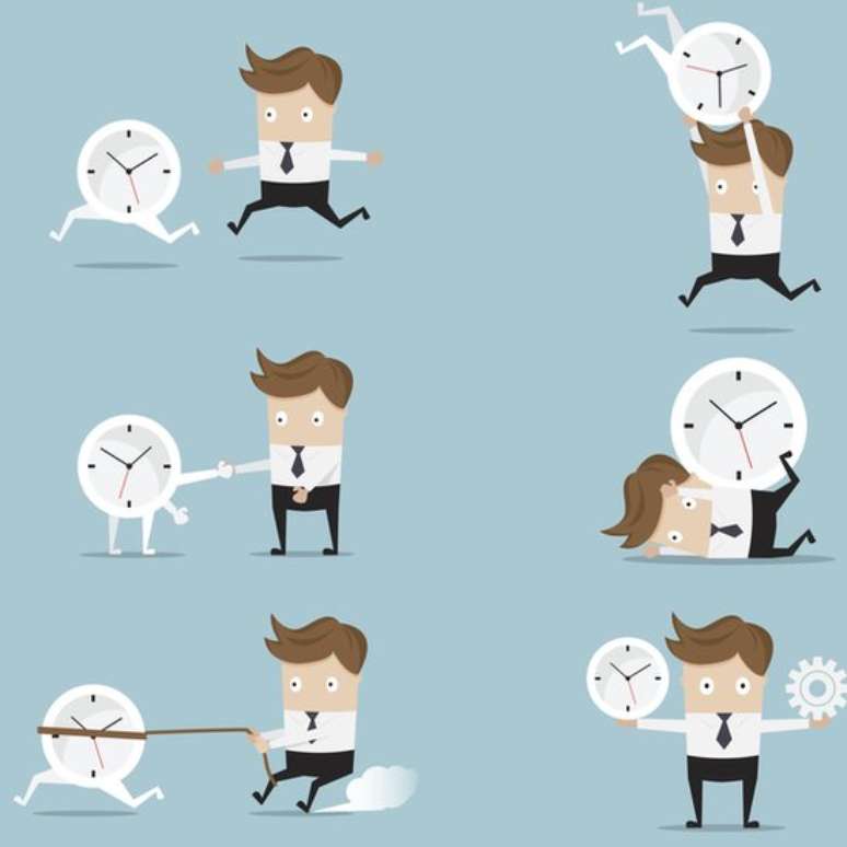 Ilustra&ccedil;&atilde;o mostra homem lidando com o rel&oacute;gio em diversas situa&ccedil;&otilde;es