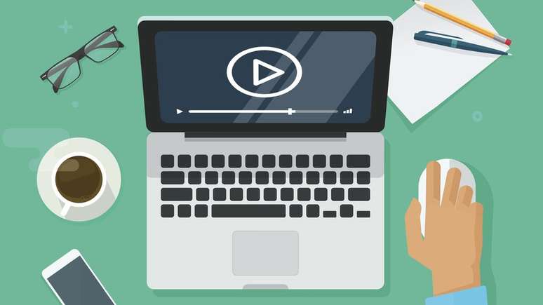 Ilustra&ccedil;&atilde;o mostra mesa de trabalho com computador e celular