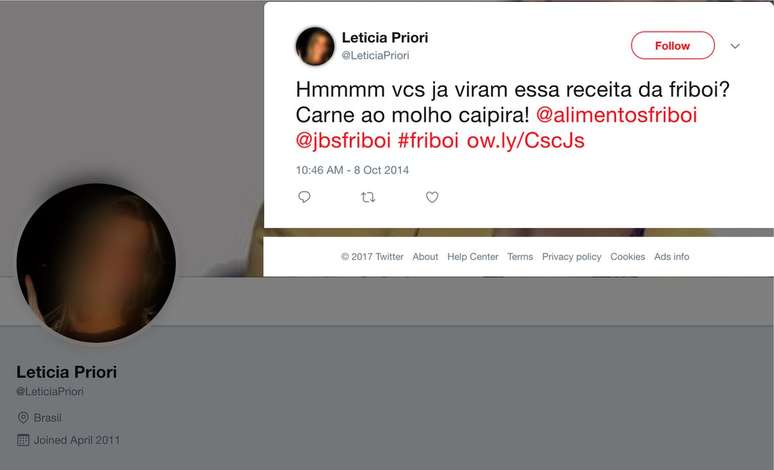 Perfil que usa foto de mulher morta elogia Friboi | Imagem: Twitter/Reprodução