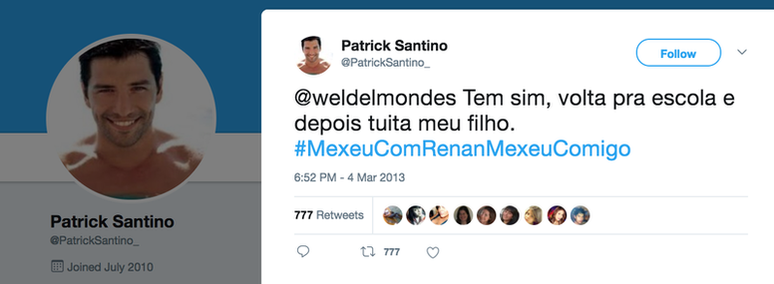 Perfil falso escreve mensagem a favor do senador Renan Calheiros | Imagem: Twitter/Reprodução