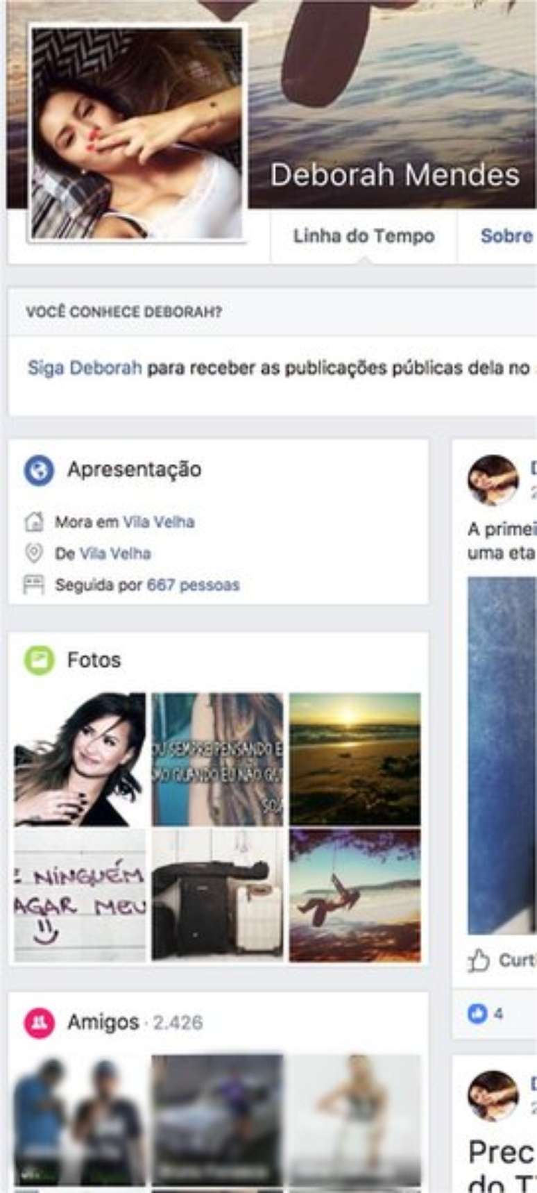 Usuária identificada como falsa, com foto de perfil de banco de dados, tem 2.426 amigos | Foto: Reprodução/Facebook