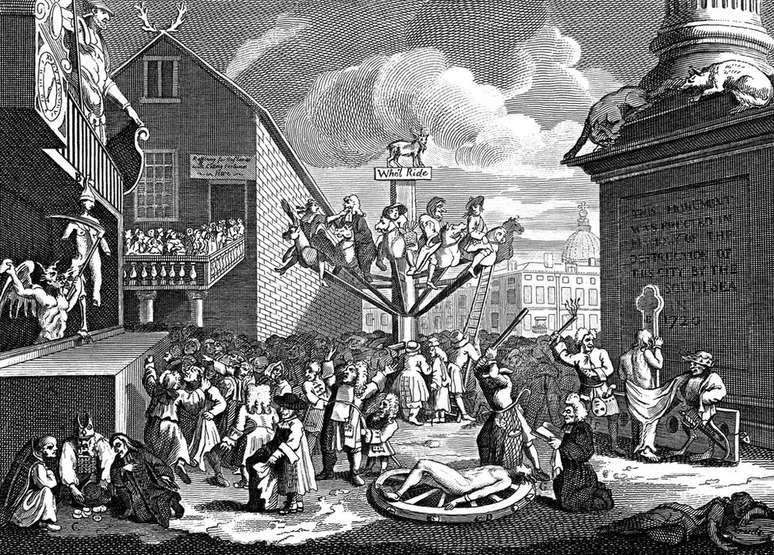 Caricatura de William Hogarth mostra à direita o monumento "em memória da destruição da cidade pela Mares do Sul em 1720, com a roda da fortuna ao centro| Foto: Reprodução