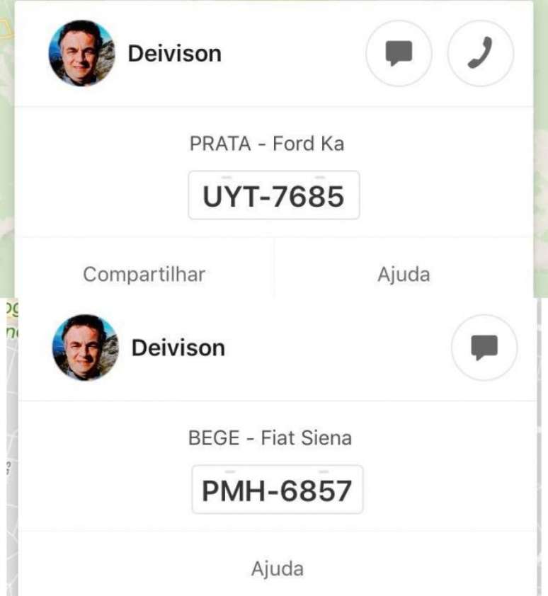 O mesmo motorista foi descoberto usando carros diferentes no app da 99