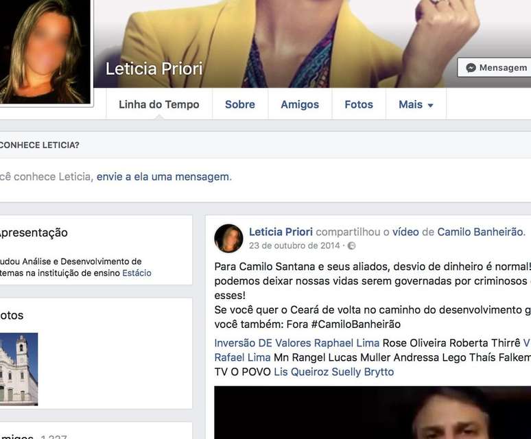 "Leticia Priori", perfil falso no Facebook ativo em 2014, usa foto de mulher morta em 2013 | Foto: Reprodução/Facebook