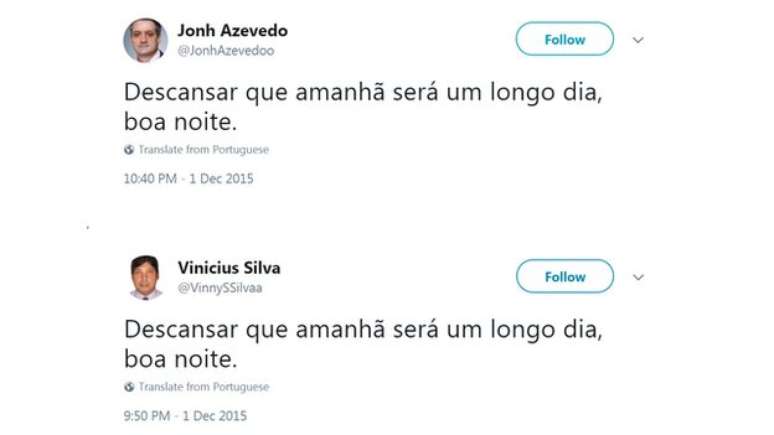 Tuítes iguais de dois perfis falsos diferentes no Twitter | Foto: Reprodução/Twitter