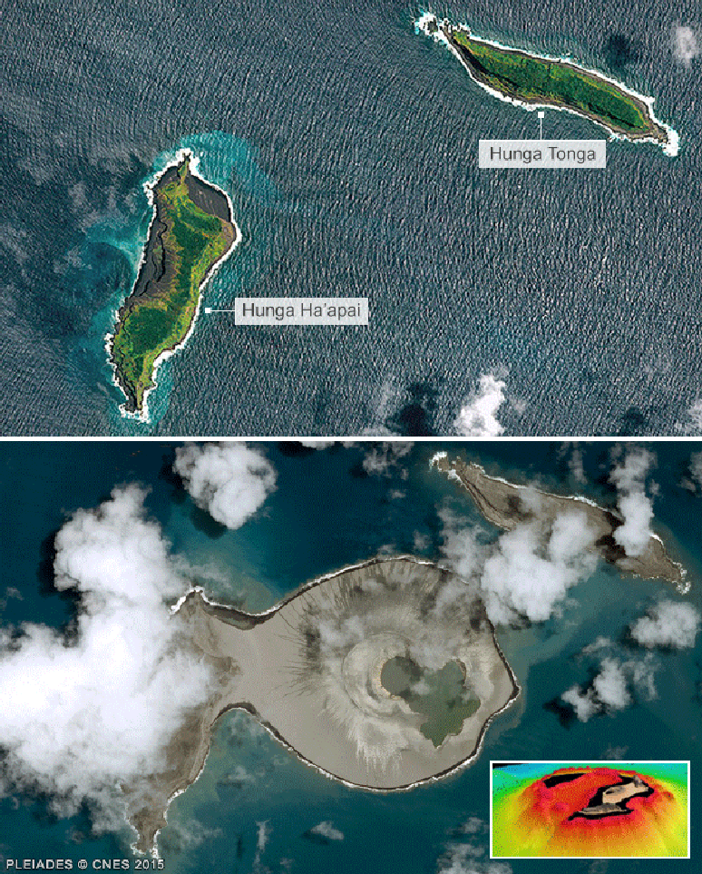 Imagens de satélite mostram o local antes e depois da formação da ilha