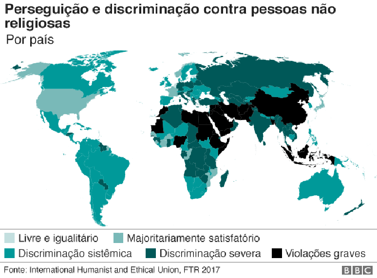 Mapa da persegui&ccedil;&atilde;o de discrimina&ccedil;&atilde;o contra pessoas n&atilde;o religiosas
