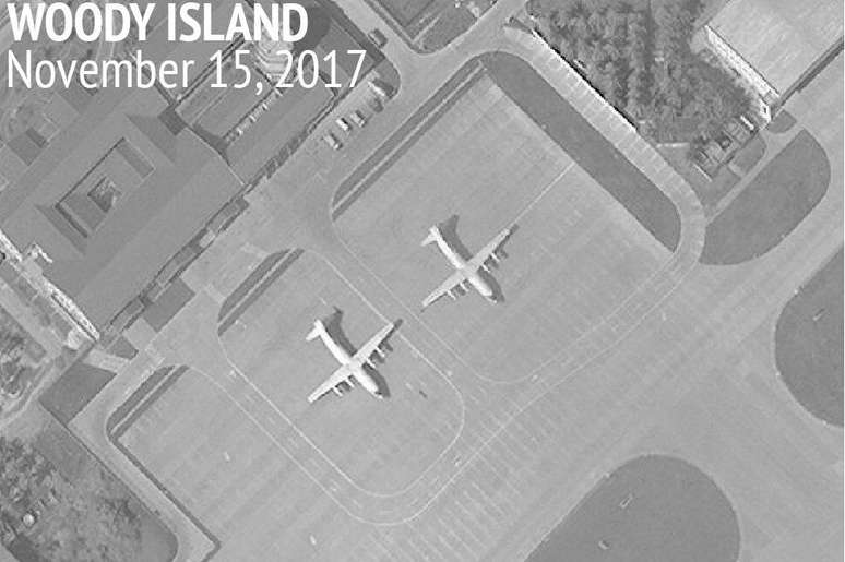 Aviões militares de carga chineses na Ilha Woody, no arquipélago Paracelso | Foto: Iniciativa de Transparência Marítima da Ásia - CSIS