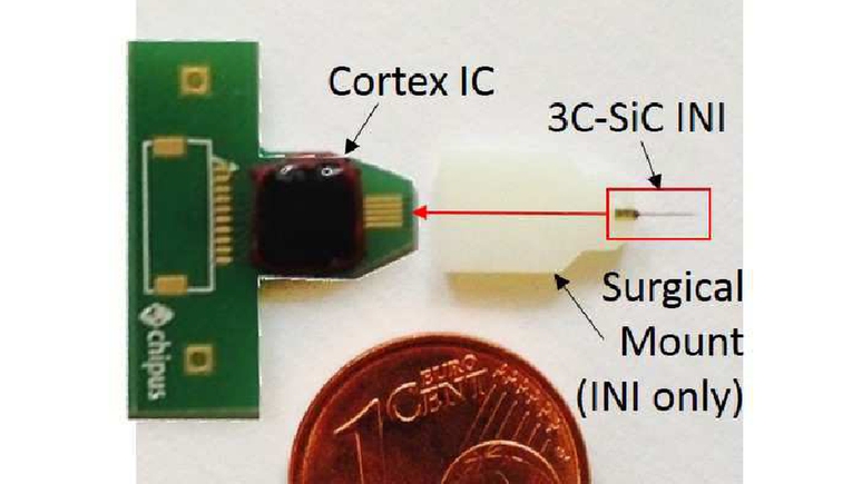 Primeira geração da Interface Neural Implantável, comparada ao tamanho de moeda de um centavo de euro: ainda com fios, para testar a integração entre o chip (Cortex IC) e o eletrodo de carbeto de silício cúbico (3C-SIC) | Foto: Chipus