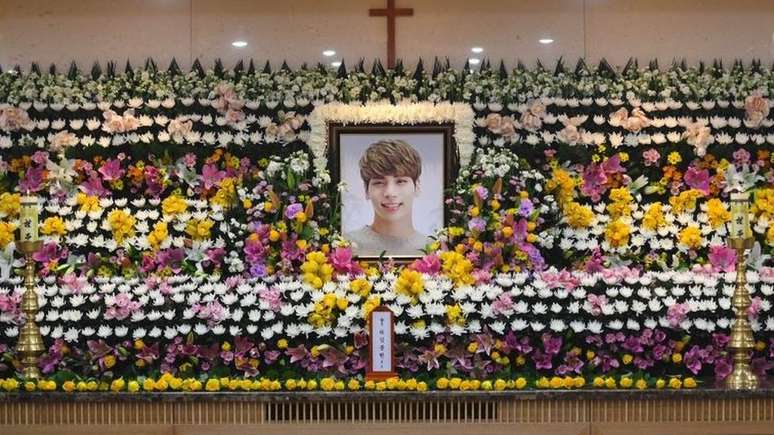 Homenagem ao cantor no hospital onde ele morreu, em Seul | Foto: CHOI HYUK/AFP/Getty Images