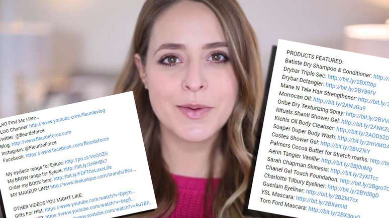 Youtubers como Fleur De Force publicam links de sites onde espectatdores podem comprar produtos que recomenda | Foto: Reprodução