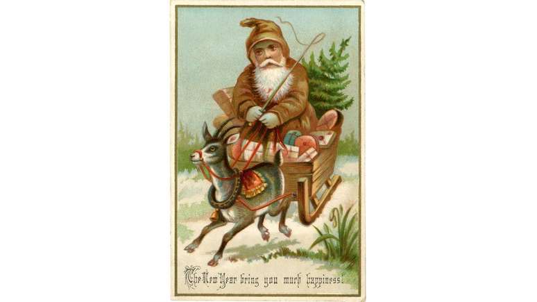 Imagem do Papai Noel como a conhecemos hoje foi popularizada por fabricantes de cartões natalinos na Era Vitoriana | Fonte: Getty Images