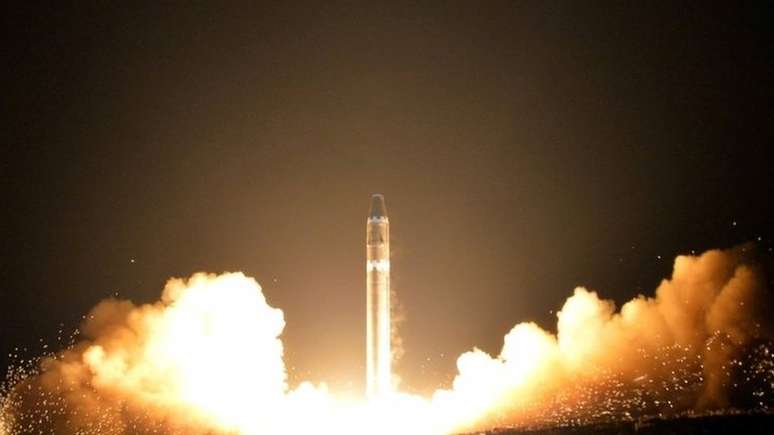 Teste de foguete balístico intercontinental da Coreia do Norte. Foto: Imagem de arquivo, KCNA