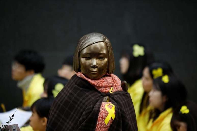 Est&aacute;tua representa mulheres sul-coreanas for&ccedil;adas a trabalhar em bord&eacute;is militares japoneses em per&iacute;odos de guerra durante prontesto contra o Jap&atilde;o, em Seul 01/03/2017 REUTERS/Kim Hong-Ji