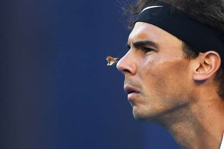 Uma mariposa pousou - e posou - no nariz do tenista espanhol Rafael Nadal. A imagem foi registrada durante a partida contra o canadense Milos Raonic no abeto da Austr&aacute;lia, em Melbourne, em janeiro