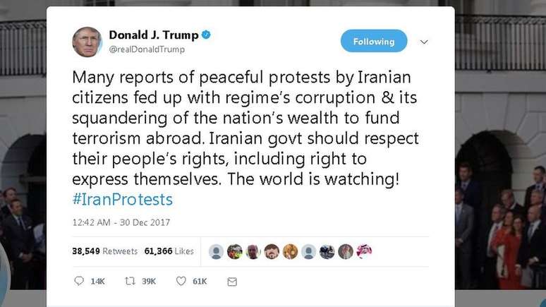 No Twitter, Trump acusou o regime iraniano de ser corrupto e de financiar o terrorismo fora do país