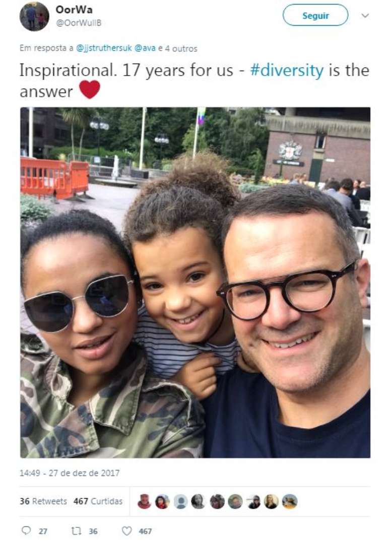 V&aacute;rios casais e fam&iacute;lias inter&eacute;tnicos postaram fotos em resposta ao professor escoc&ecirc;s | Foto: @OorWullB / reprodu&ccedil;&atilde;o Twitter