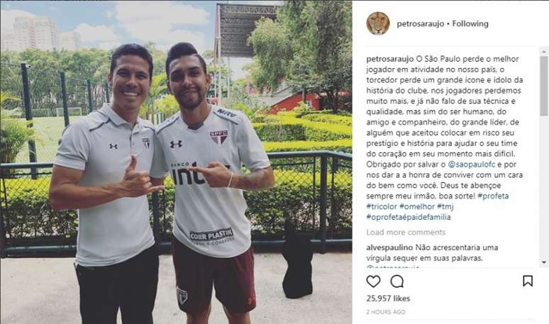 Petros agradeceu Hernanes e o chamou de 'melhor em atividade no Brasil' (Reprodução/Instagram)