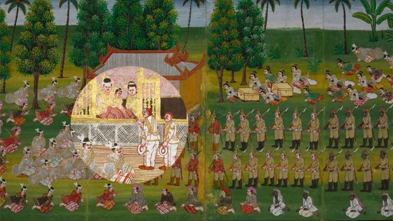 No c&iacute;rculo iluminado, &eacute; poss&iacute;vel ver o coronel Sladen falando com o rei | Foto: The British Library