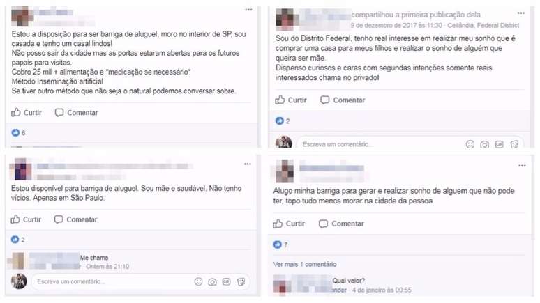 Anúncios de barriga de aluguel no Facebook; há grupos com até 3,3 mil membros