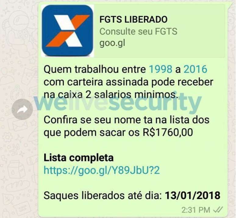 Outra variante do golpe que circula pelo WhatsApp (Reprodução: welivesecurity)