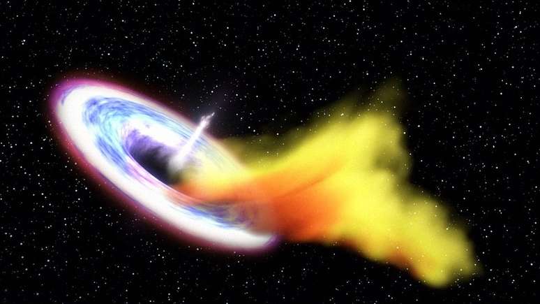 Ilustração mostra buraco negro devorando massa de gás | Foto: Nasa