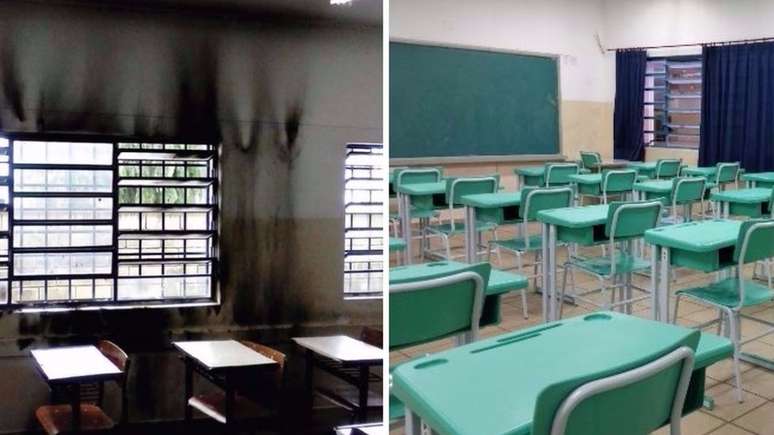 Antes e depois, uma sala de aula da Darcy Ribeiro: escola ganhou doações de materiais e foi revitalizada pela própria comunidade | Foto: arquivo pessoal