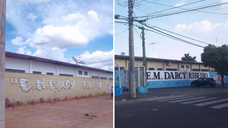 A fachada da escola, antes e depois: embelezamento fez parte da estratégia de recuperação | Foto: divulgação