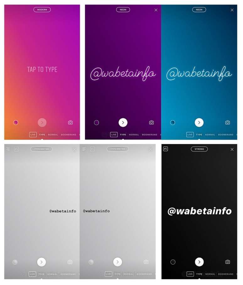Exemplos de como serão as postagens em texto no Stories do Instagram (Reprodução: WABetainfo)
