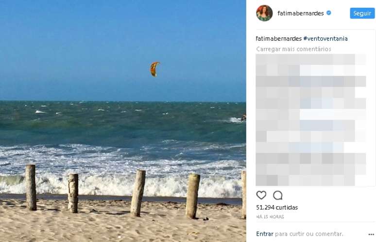 A apresentadora postou foto de praia de Jericoacoara, para&iacute;so procurado por kitsurfistas.