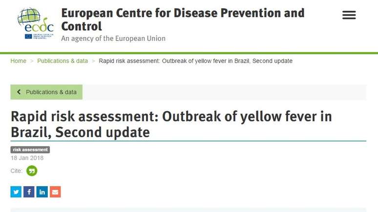 Alerta na página do Centro Europeu para Prevenção e Controle de Doenças