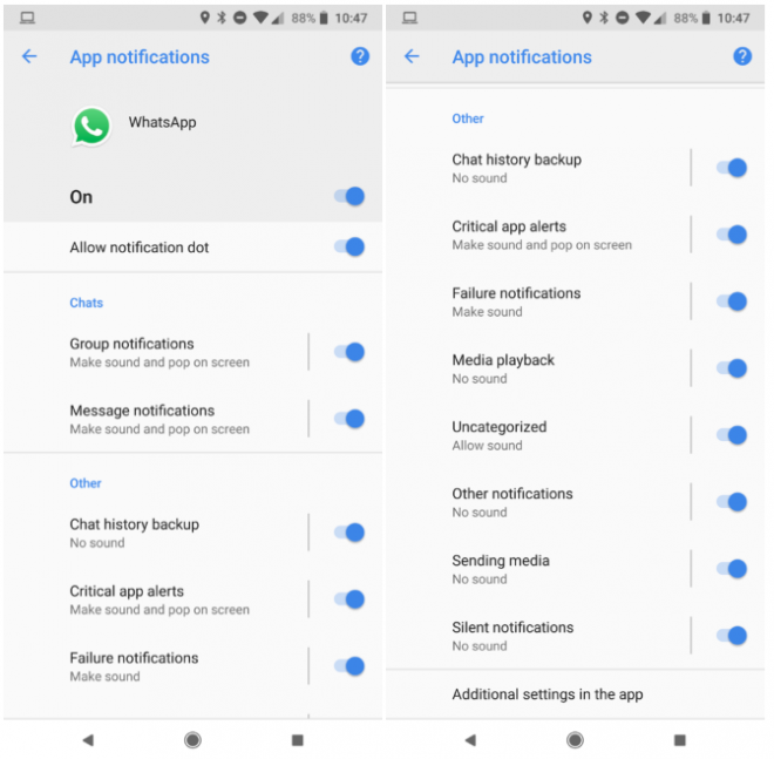 Configurações de notificações do WhatsApp no Android Oreo (Reprodução: Android Police)