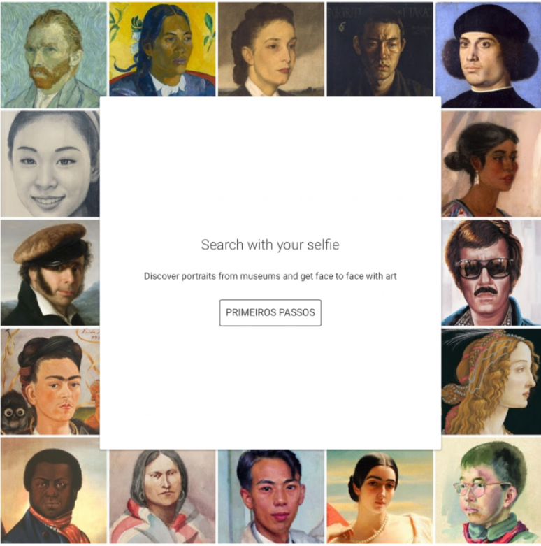 Basta clicar em "primeiros passos" para usar o comparador de selifies do&nbsp;Google Arts & Culture