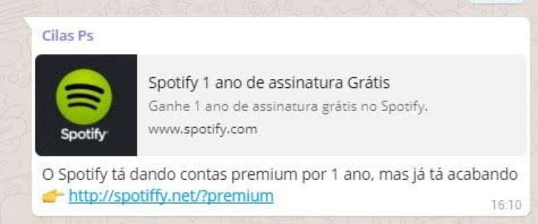 Mensagem falsa, via WhatsApp, promete um ano de assinatura grátis do Spotify