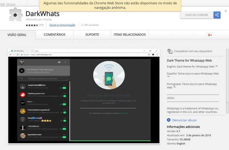 Extensão falsa promete tema escuro para o WhatsApp Web