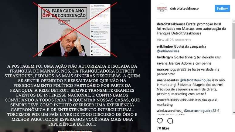Administradora da franquia desaprovou a&ccedil;&atilde;o | Foto: Detroit Steakhouse/Facebook